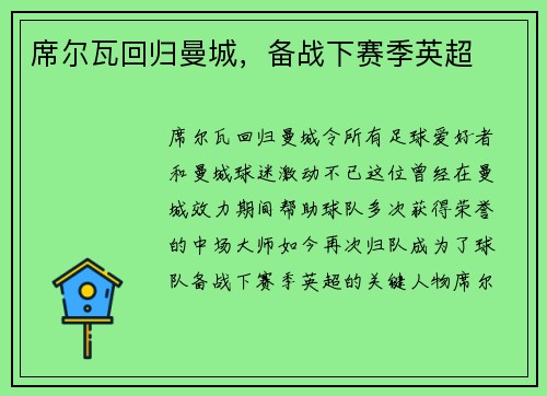 席尔瓦回归曼城，备战下赛季英超